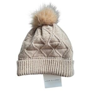 Love & Lore Women's Winter Hat Chunky Knit Beige Pom Pom Tuque Fleeced Line